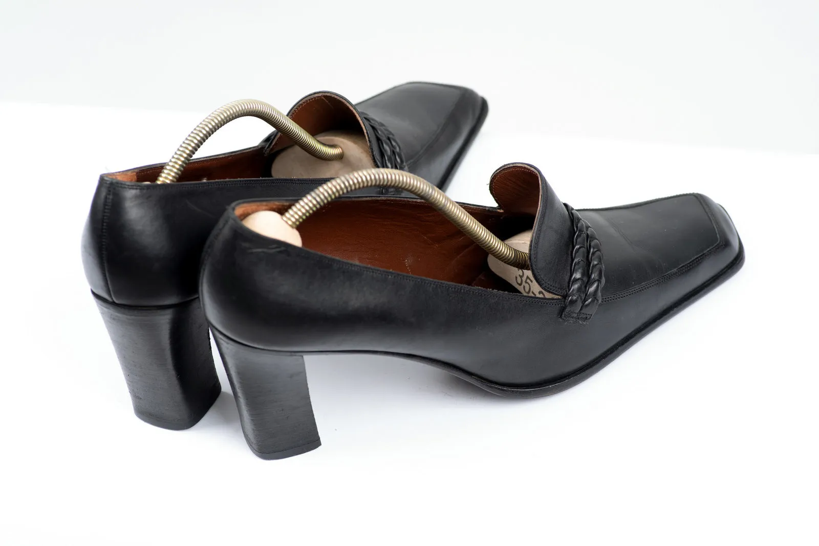 Bally Swiss Made Black Leather Angled Square Toe Pumps, US 9/ UK 6.5