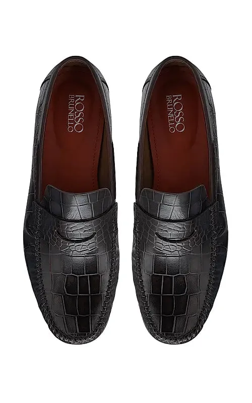 Brown Croco Textured Loafers