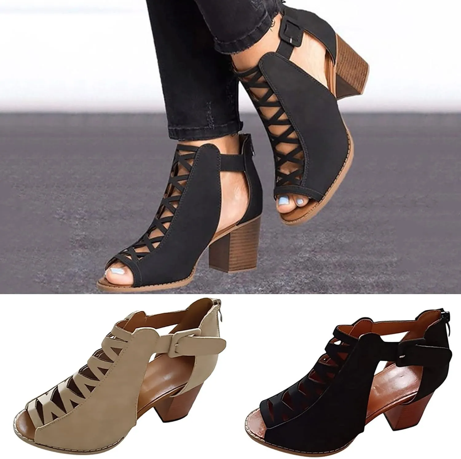 Cathalem Sandals For Women Casual Summer Fashion Breathable Hollow Out Chunky Heel Sandals With Buckle Strap