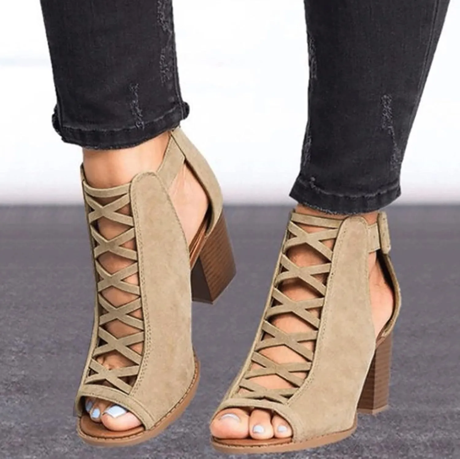 Cathalem Sandals For Women Casual Summer Fashion Breathable Hollow Out Chunky Heel Sandals With Buckle Strap