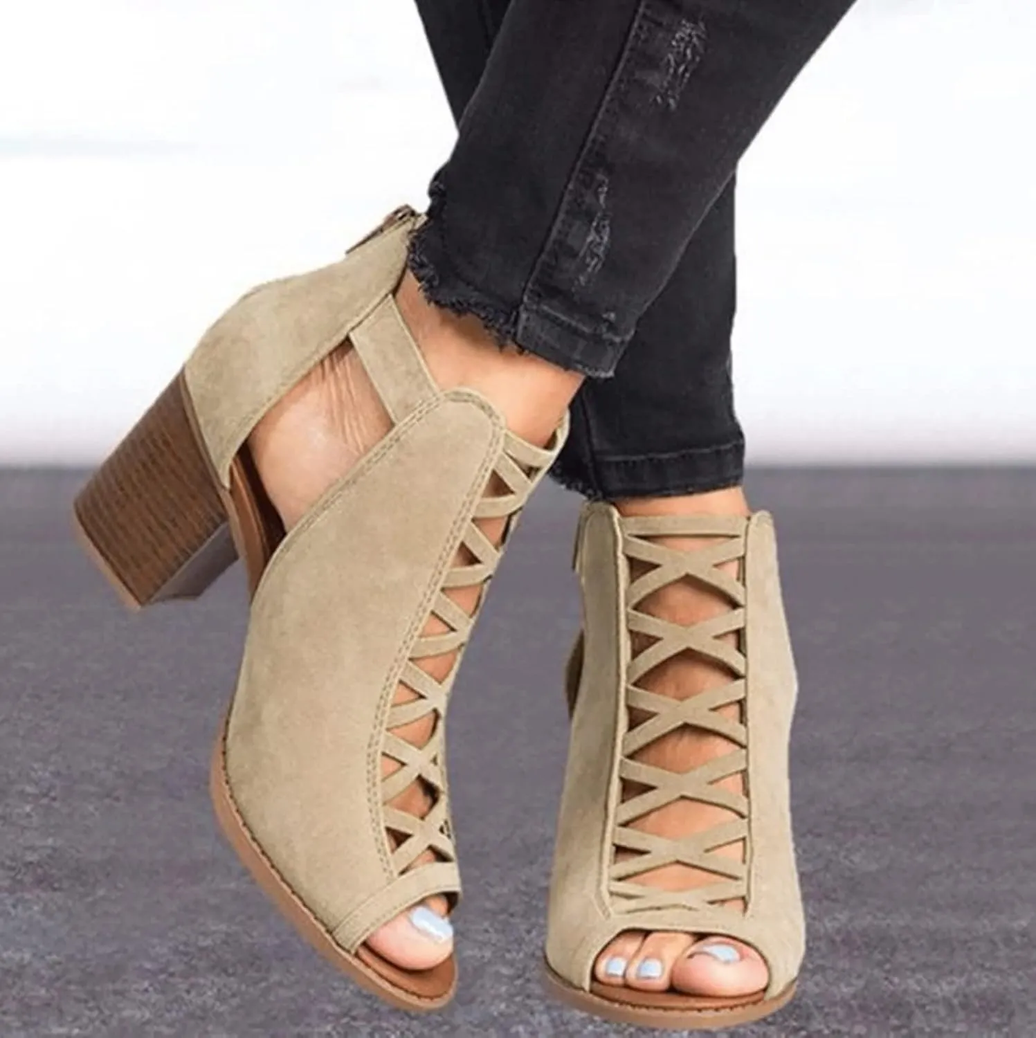 Cathalem Sandals For Women Casual Summer Fashion Breathable Hollow Out Chunky Heel Sandals With Buckle Strap