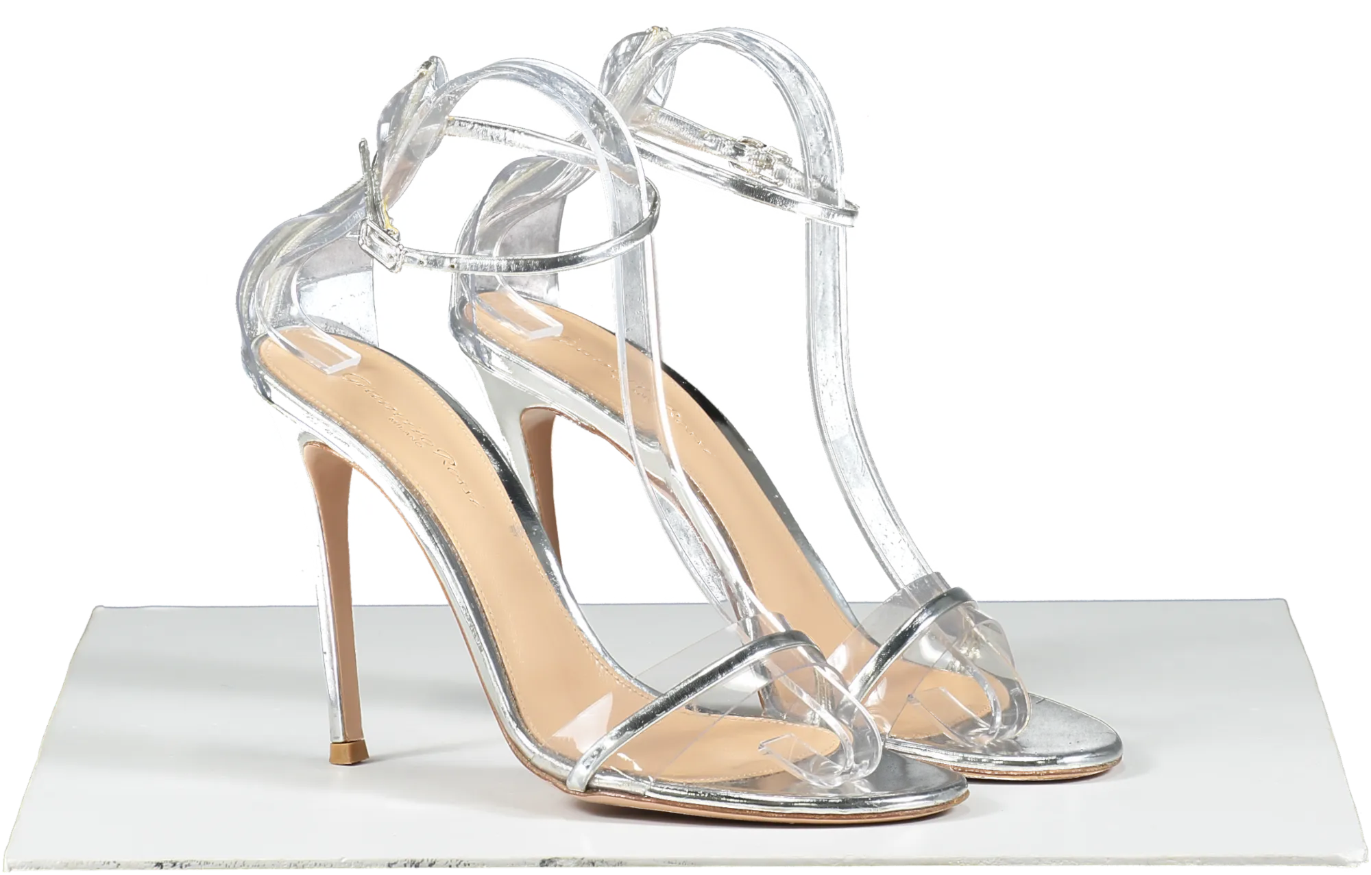 Gianvito Rossi Metallic Silver Leather And Pvc Heeled Sandals UK 6 EU 39 