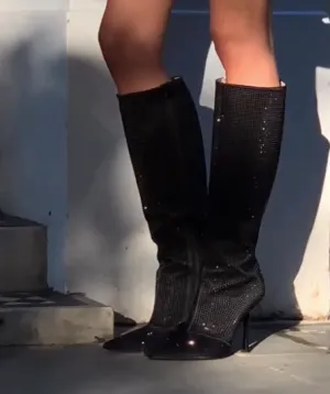 liu-jo X Leonie Hanne Black Knee-high Rhinestone Boots UK 6 EU 39 
