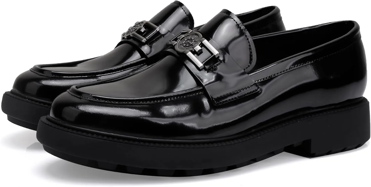 Mens Casual Leather Black Dress Loafer Shoes, Fashion Classic Buckle Slip-on Penny Party Shoes Wedding Loafers for Mens