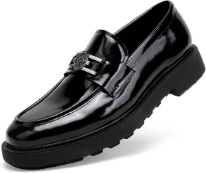 Mens Casual Leather Black Dress Loafer Shoes, Fashion Classic Buckle Slip-on Penny Party Shoes Wedding Loafers for Mens