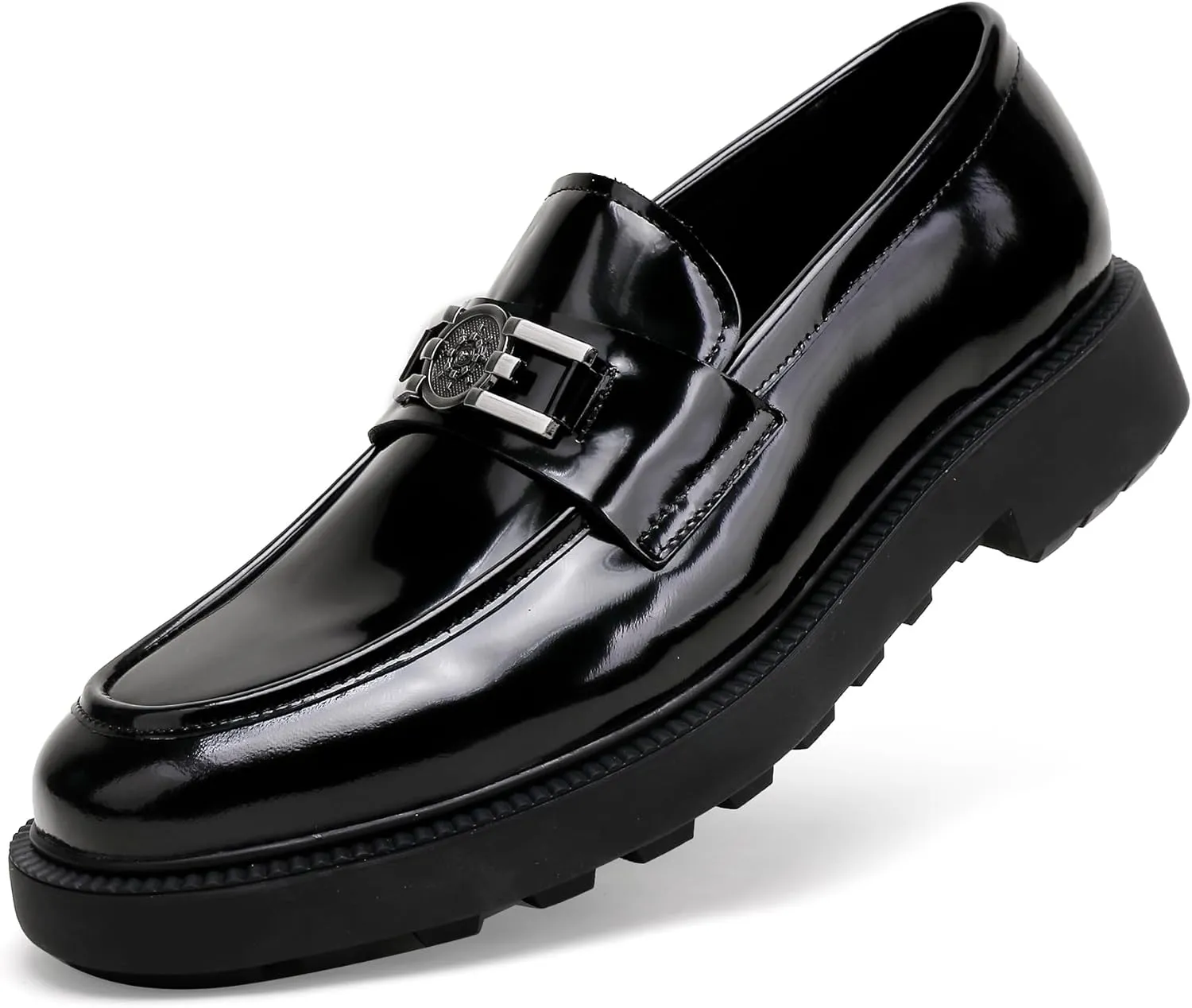 Mens Casual Leather Black Dress Loafer Shoes, Fashion Classic Buckle Slip-on Penny Party Shoes Wedding Loafers for Mens