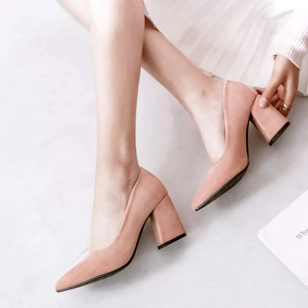 MIOKE Women's Fashion Chunky High Block Heel Pumps Pointed Toe Slip On Comfort Work Office Dress Shoes