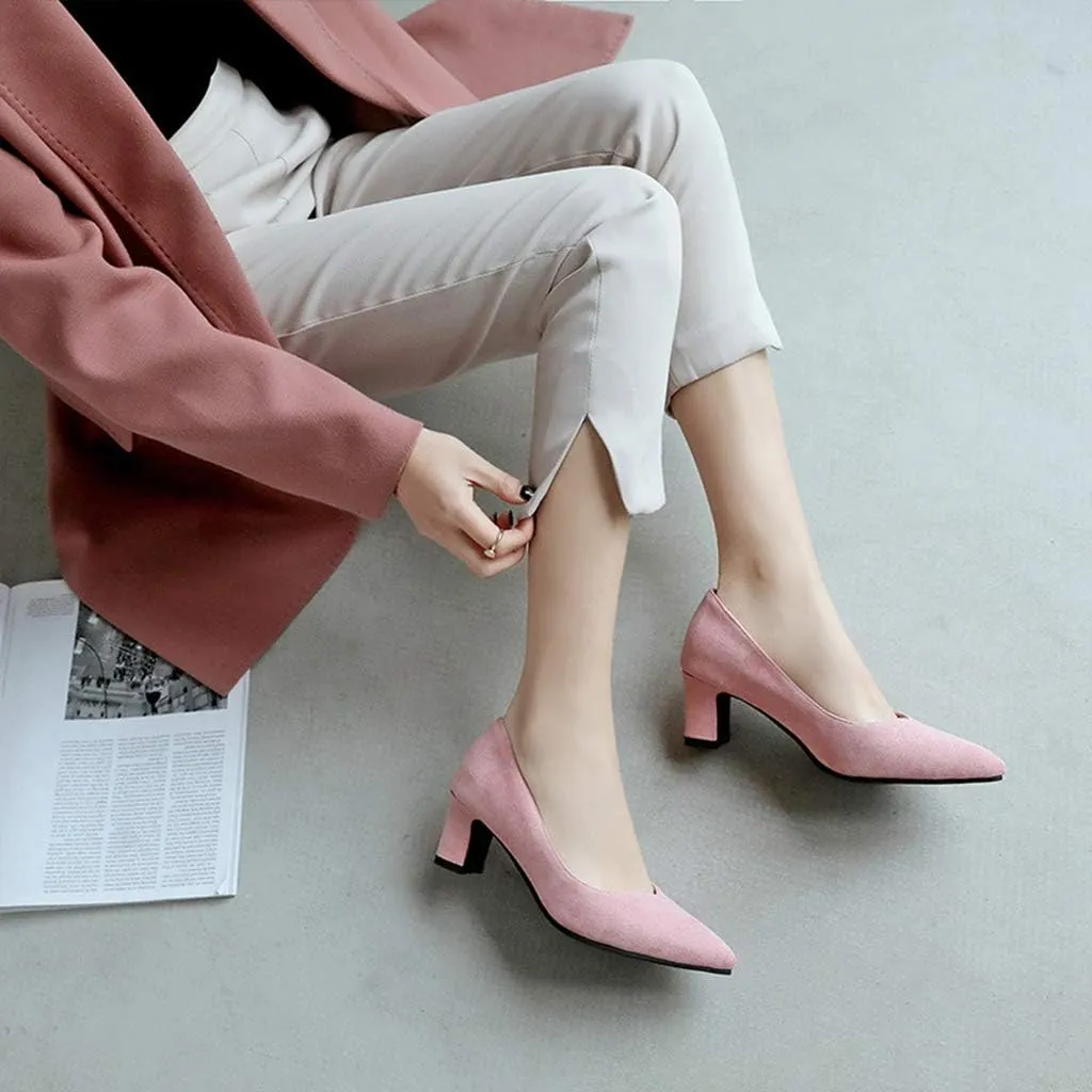 MIOKE Women's Fashion Chunky High Block Heel Pumps Pointed Toe Slip On Comfort Work Office Dress Shoes