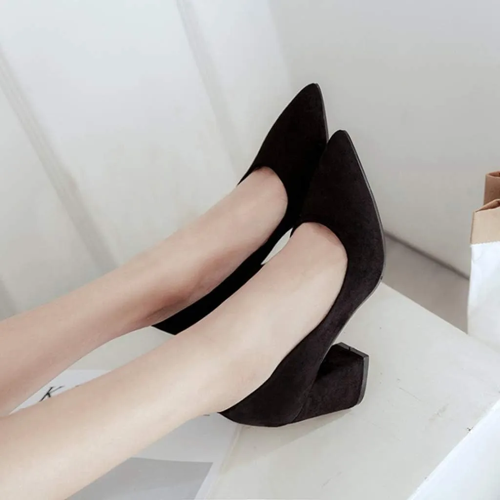 MIOKE Women's Fashion Chunky High Block Heel Pumps Pointed Toe Slip On Comfort Work Office Dress Shoes