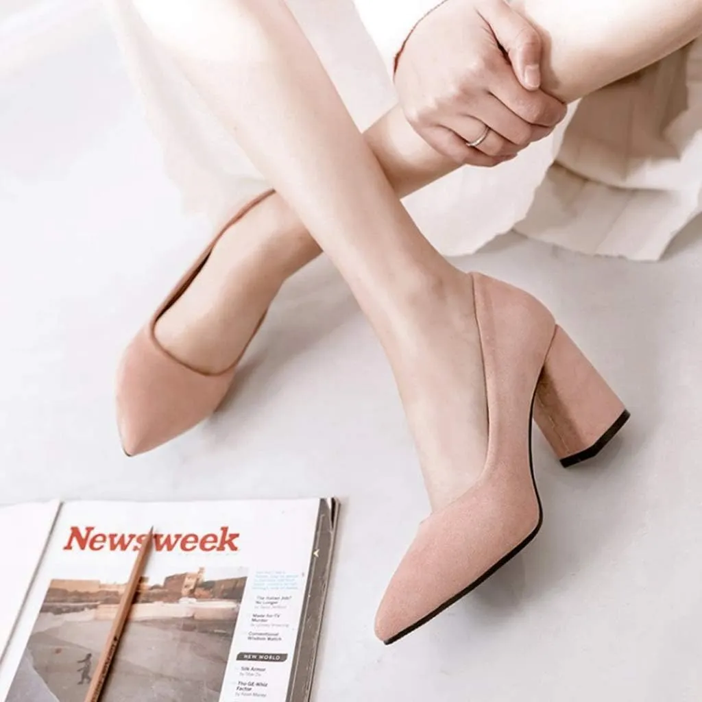 MIOKE Women's Fashion Chunky High Block Heel Pumps Pointed Toe Slip On Comfort Work Office Dress Shoes