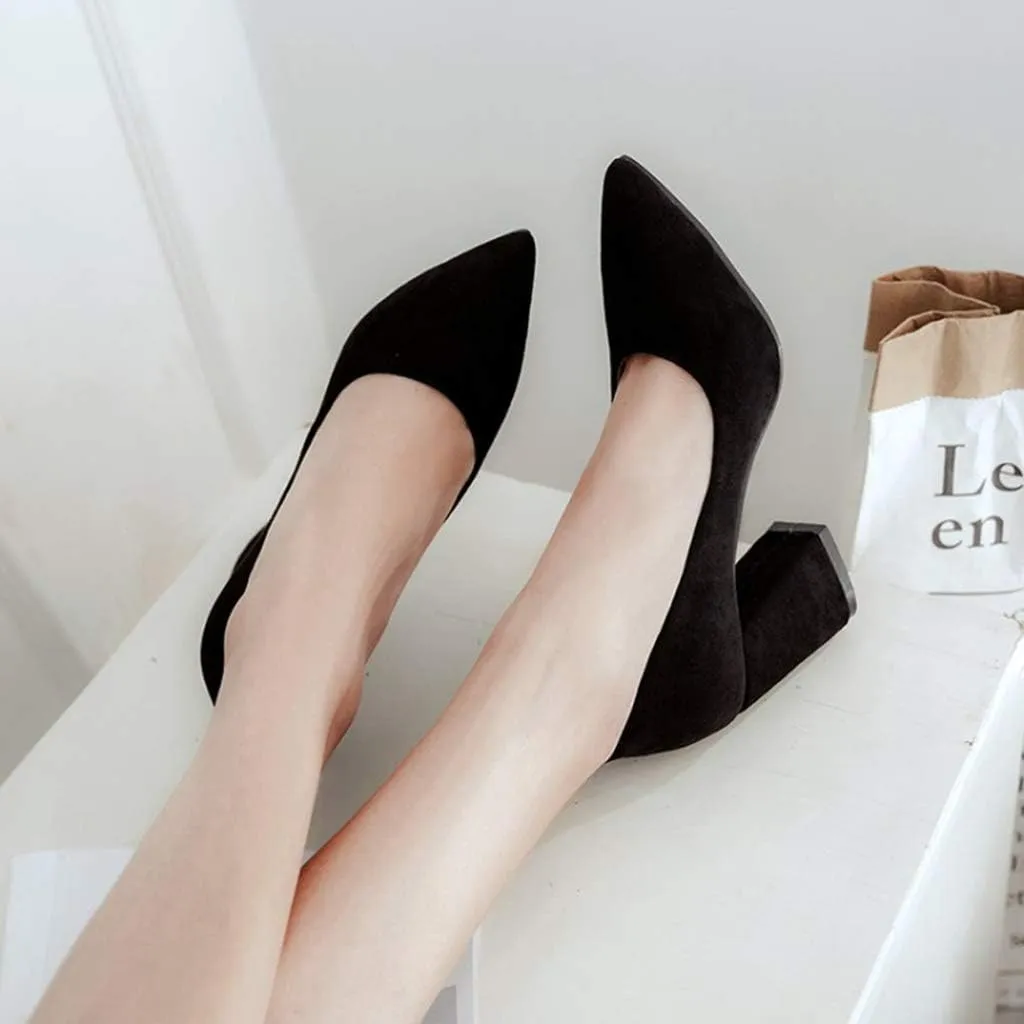 MIOKE Women's Fashion Chunky High Block Heel Pumps Pointed Toe Slip On Comfort Work Office Dress Shoes