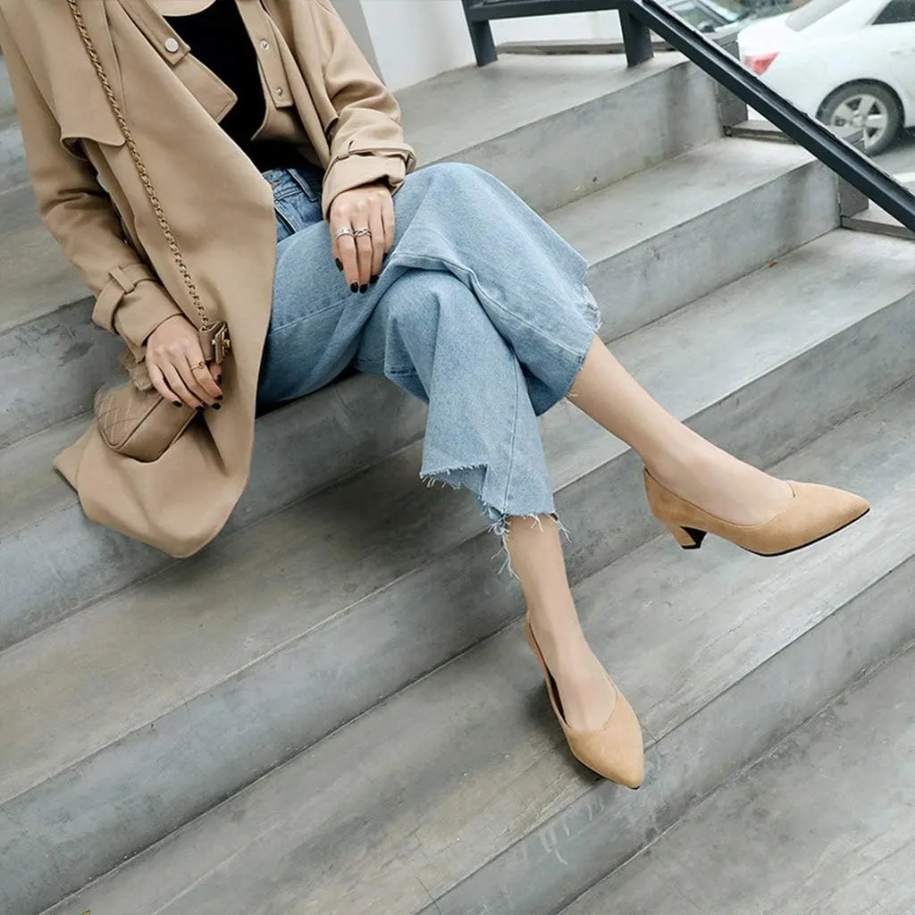 MIOKE Women's Fashion Chunky High Block Heel Pumps Pointed Toe Slip On Comfort Work Office Dress Shoes