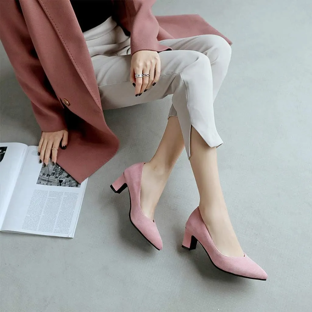 MIOKE Women's Fashion Chunky High Block Heel Pumps Pointed Toe Slip On Comfort Work Office Dress Shoes