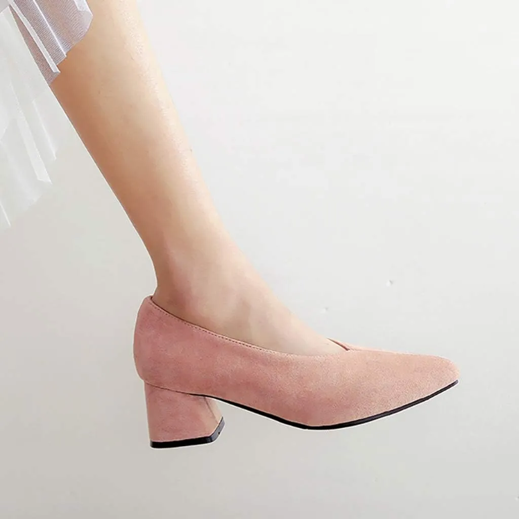MIOKE Women's Fashion Chunky Mid Block Heel Pumps Pointed Toe Comfort Slip On Work Office Dress Shoes
