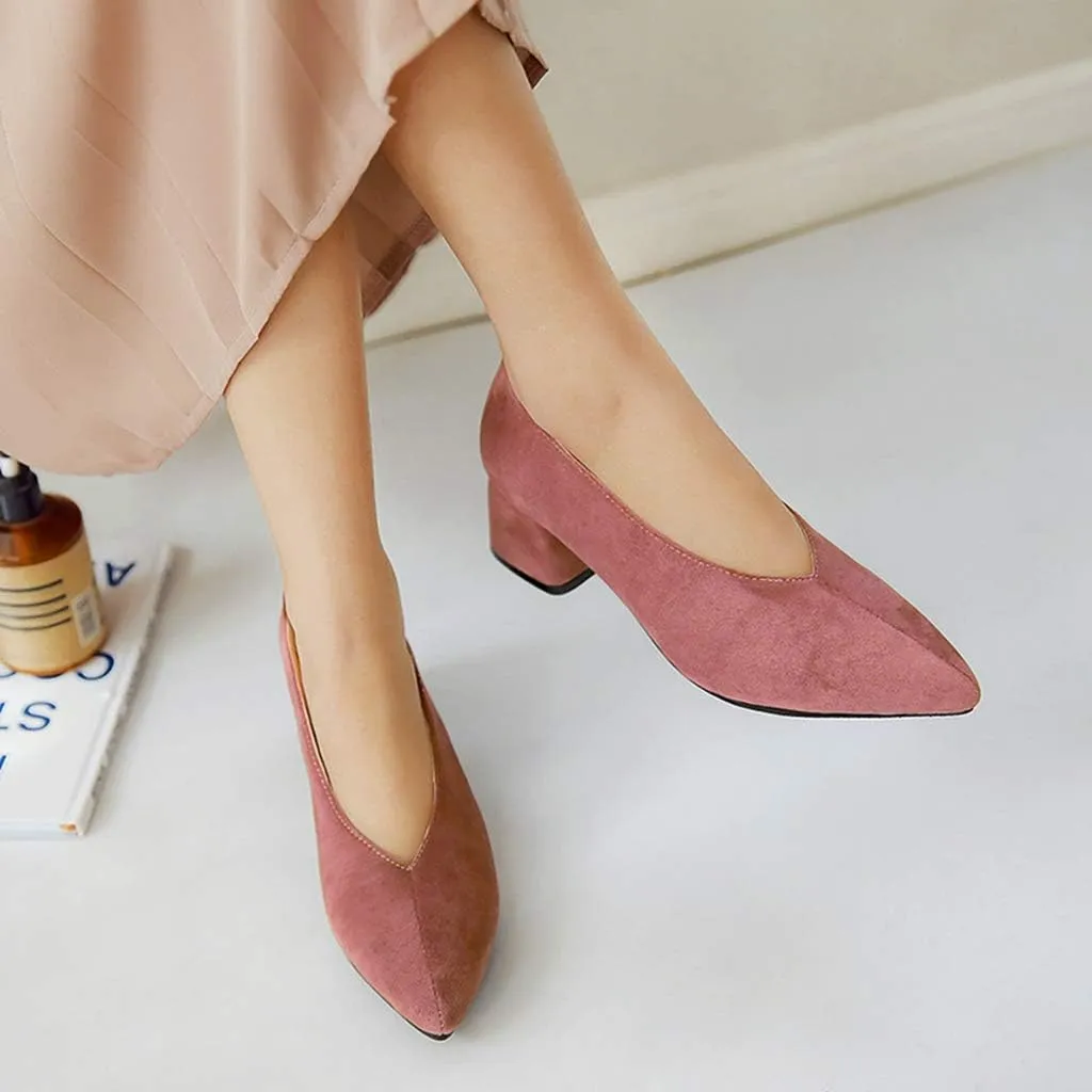 MIOKE Women's Fashion Chunky Mid Block Heel Pumps Pointed Toe Comfort Slip On Work Office Dress Shoes