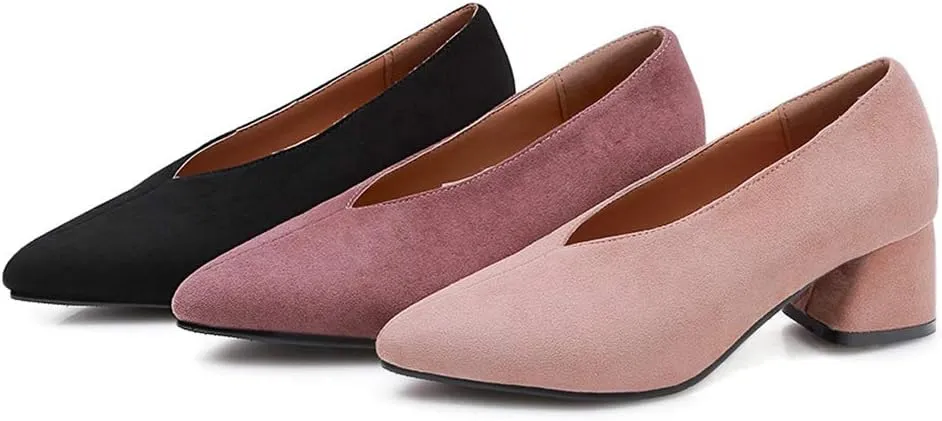 MIOKE Women's Fashion Chunky Mid Block Heel Pumps Pointed Toe Comfort Slip On Work Office Dress Shoes