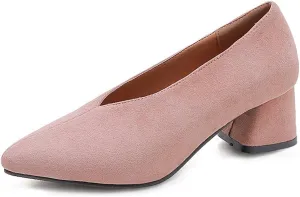 MIOKE Women's Fashion Chunky Mid Block Heel Pumps Pointed Toe Comfort Slip On Work Office Dress Shoes