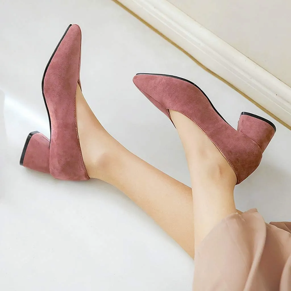 MIOKE Women's Fashion Chunky Mid Block Heel Pumps Pointed Toe Comfort Slip On Work Office Dress Shoes