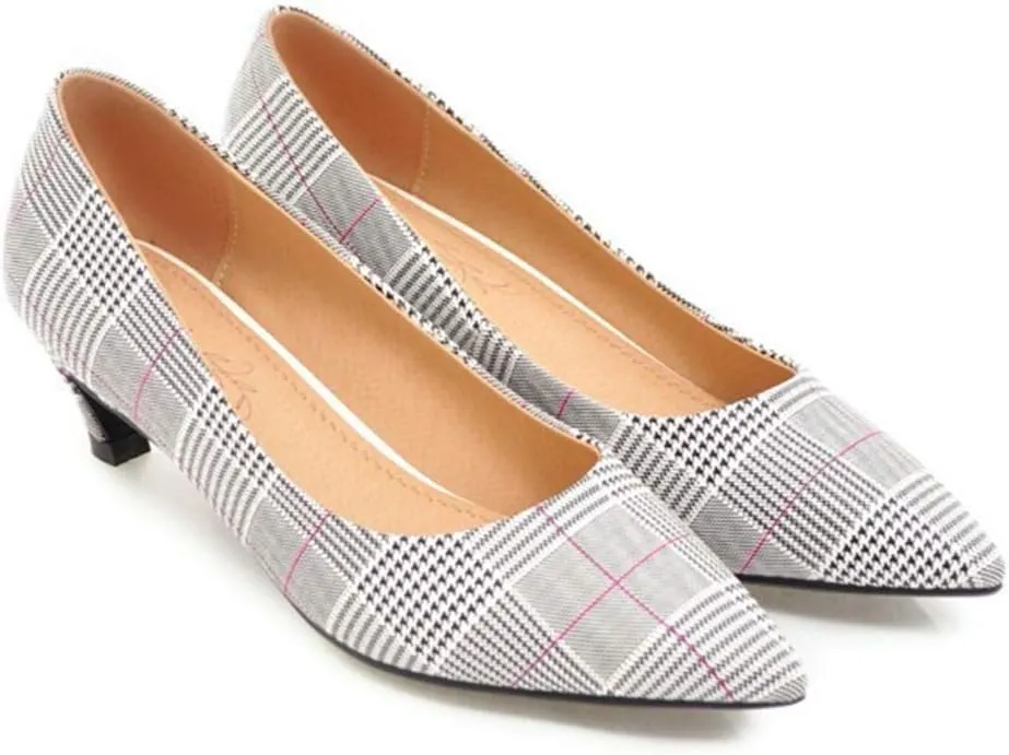 MIOKE Women's Fashion Plaid Comfort Low Kitten Heels Pumps Pointed Toe Slip On Office Party Dress Shoes