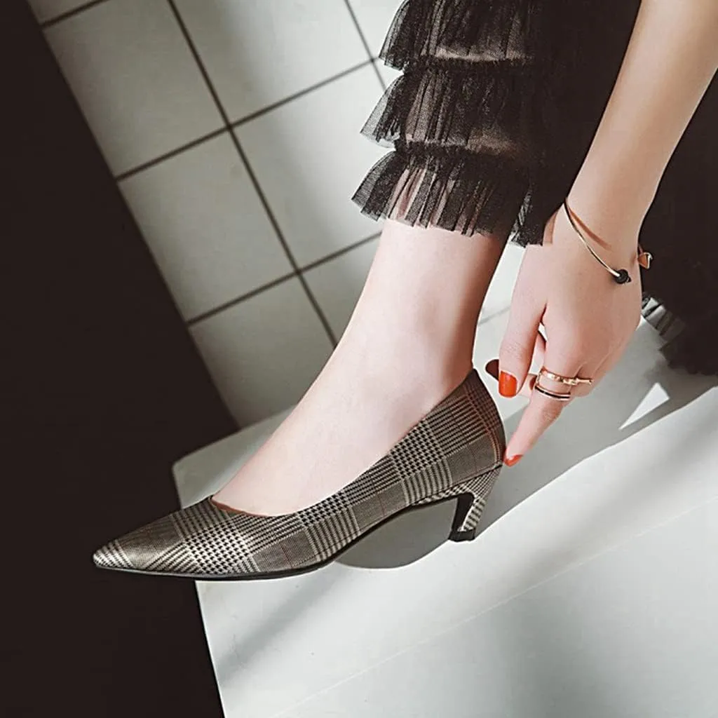 MIOKE Women's Fashion Plaid Comfort Low Kitten Heels Pumps Pointed Toe Slip On Office Party Dress Shoes