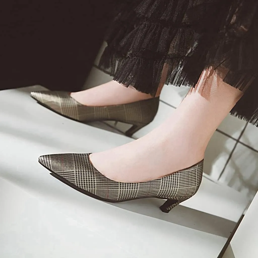 MIOKE Women's Fashion Plaid Comfort Low Kitten Heels Pumps Pointed Toe Slip On Office Party Dress Shoes