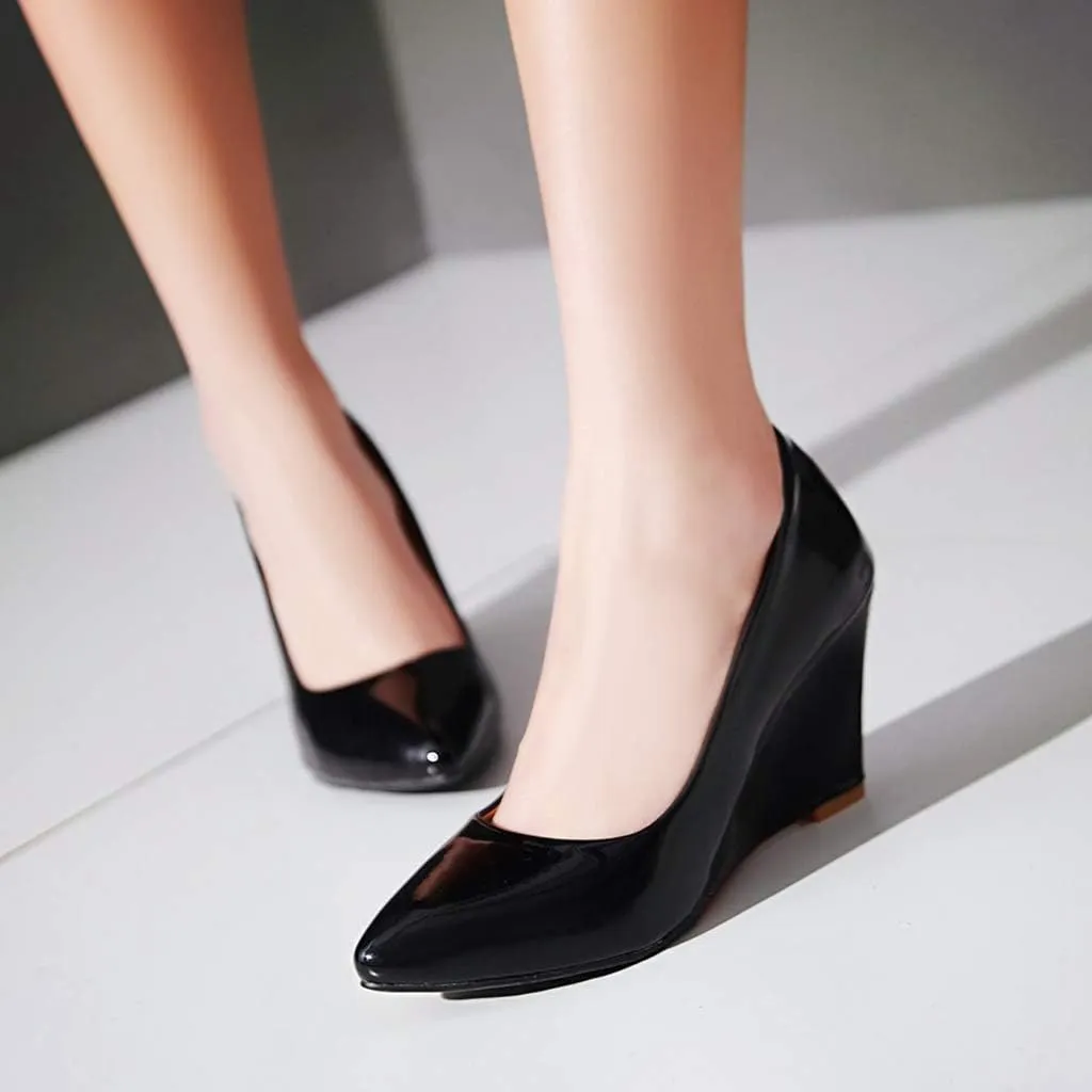 MIOKE Women's Fashion Wedge High Heel Pumps Pointed Toe Patent Leather Slip-On Comfort Chunky Dress Shoes