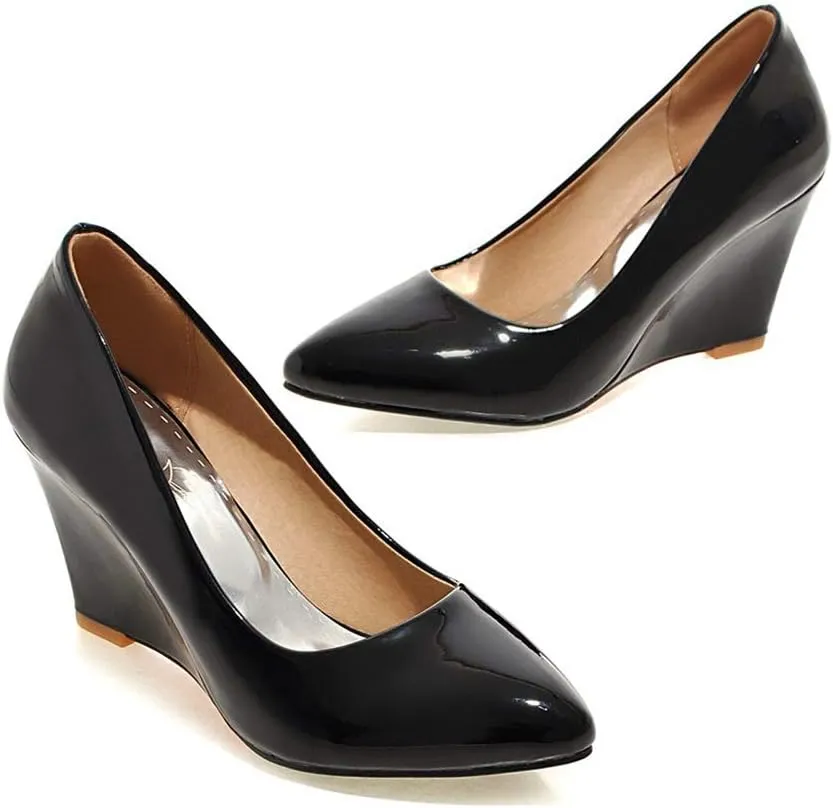 MIOKE Women's Fashion Wedge High Heel Pumps Pointed Toe Patent Leather Slip-On Comfort Chunky Dress Shoes