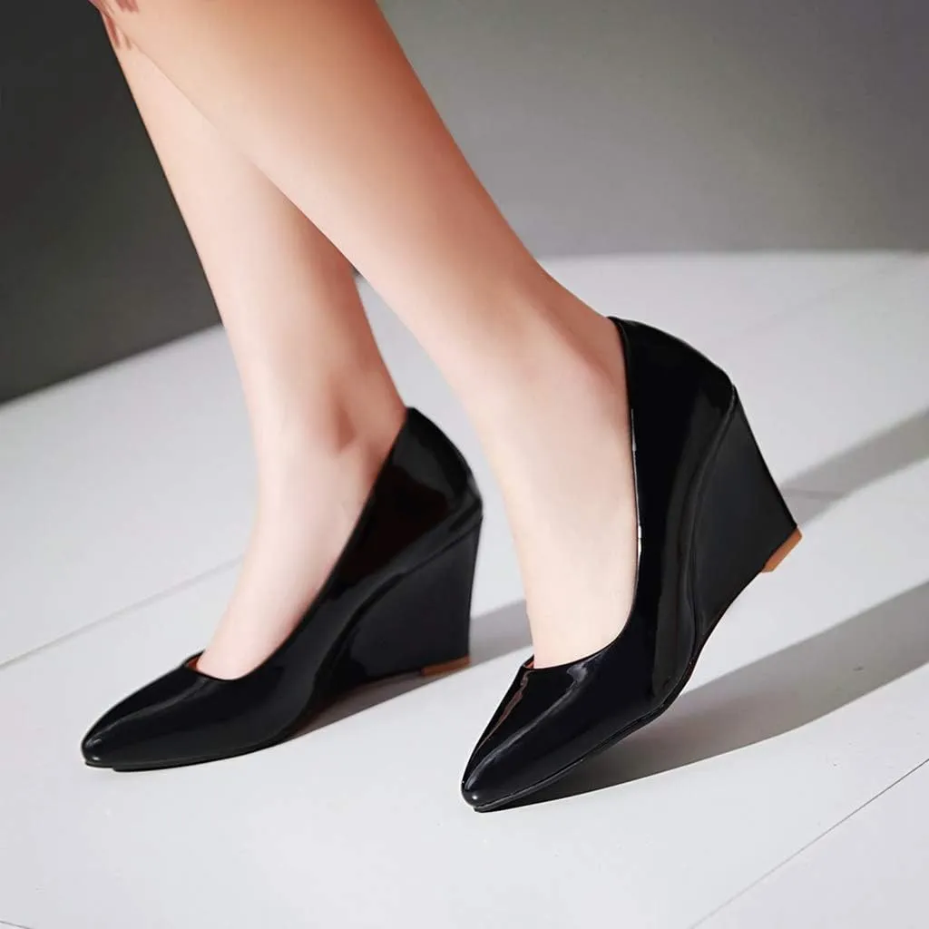 MIOKE Women's Fashion Wedge High Heel Pumps Pointed Toe Patent Leather Slip-On Comfort Chunky Dress Shoes