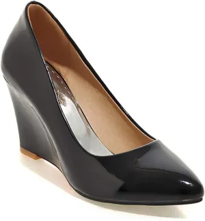 MIOKE Women's Fashion Wedge High Heel Pumps Pointed Toe Patent Leather Slip-On Comfort Chunky Dress Shoes