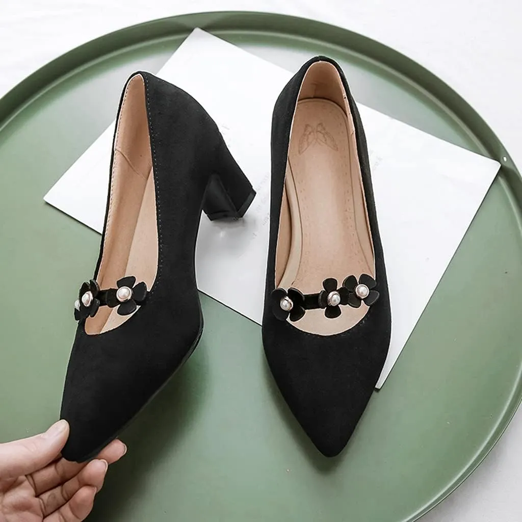 MIOKE Women's Pointed Toe Chunky Block Mid Heel Pumps Fashion Flowers Slip On Comfort Office Dress Shoes