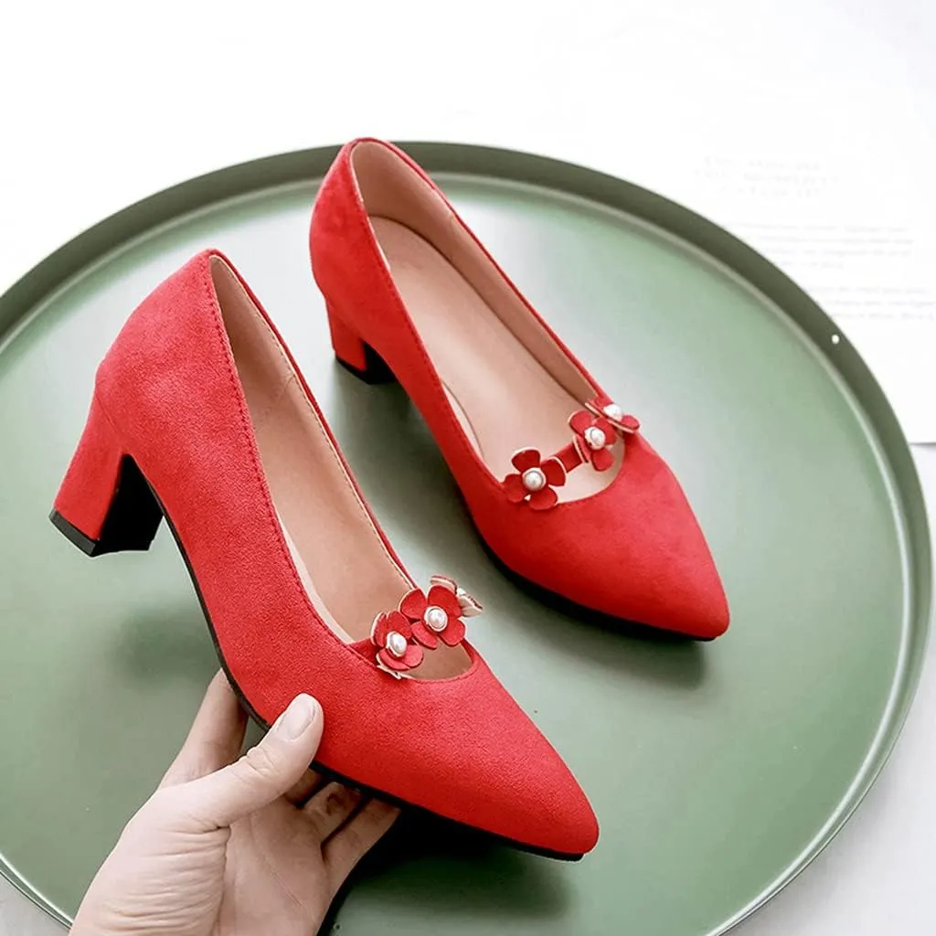 MIOKE Women's Pointed Toe Chunky Block Mid Heel Pumps Fashion Flowers Slip On Comfort Office Dress Shoes