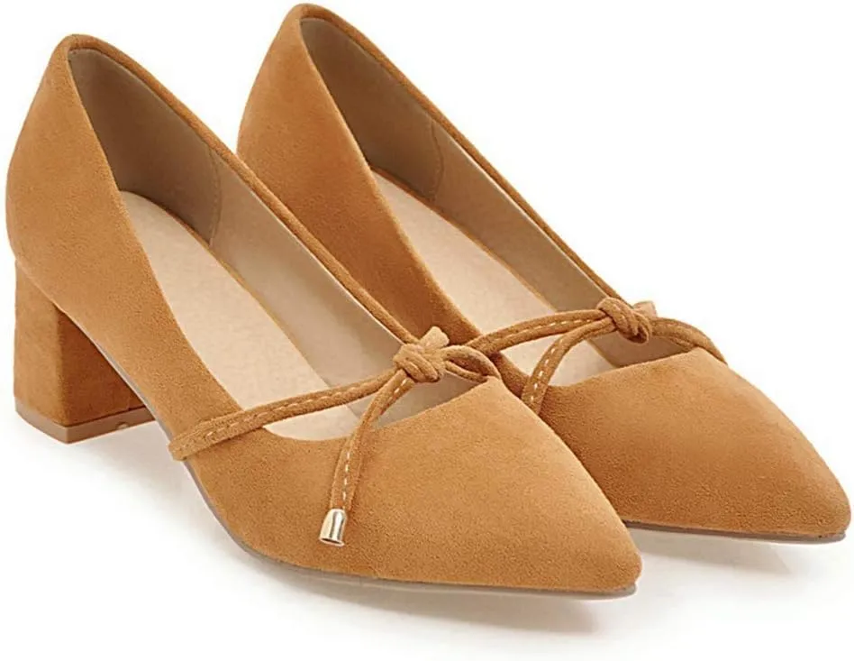 MIOKE Women's Pointed Toe Chunky Mid Block Heel Pump Suede Tassel Slip-On Loafer Casual Office Dress Shoes