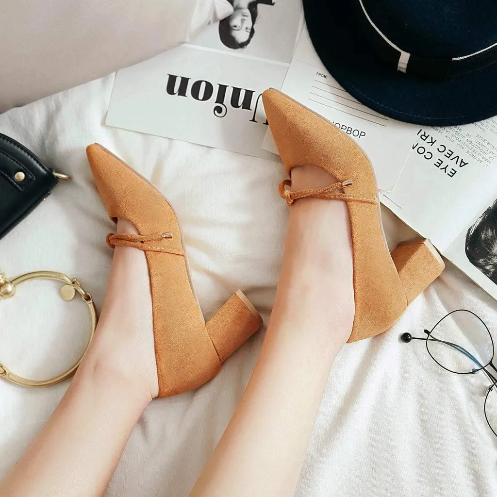 MIOKE Women's Pointed Toe Chunky Mid Block Heel Pump Suede Tassel Slip-On Loafer Casual Office Dress Shoes