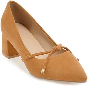 MIOKE Women's Pointed Toe Chunky Mid Block Heel Pump Suede Tassel Slip-On Loafer Casual Office Dress Shoes