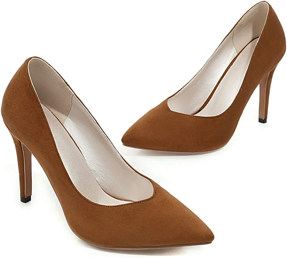 MIOKE Women's Pointed Toe Kitten Mid Heel Pumps Suede Slip On Comfort Stilettos Work Office Dress Shoes