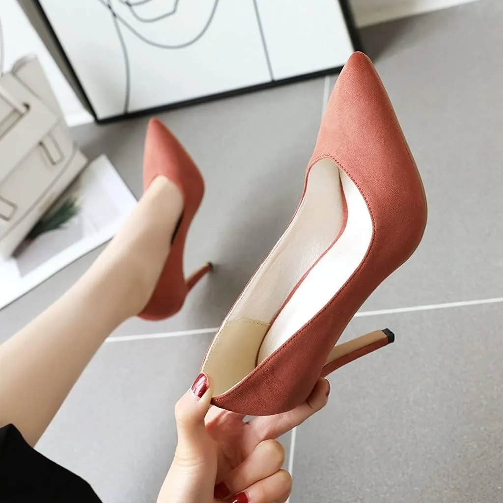 MIOKE Women's Pointed Toe Kitten Mid Heel Pumps Suede Slip On Comfort Stilettos Work Office Dress Shoes