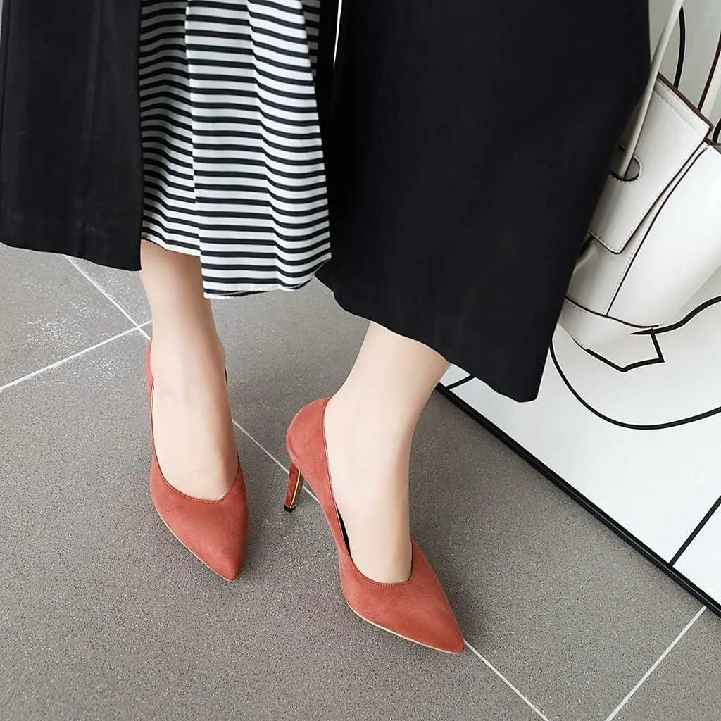 MIOKE Women's Pointed Toe Kitten Mid Heel Pumps Suede Slip On Comfort Stilettos Work Office Dress Shoes