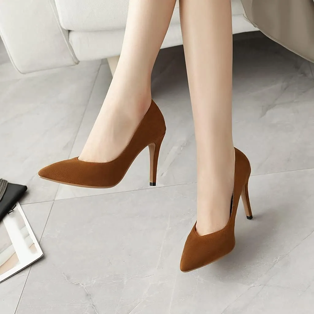MIOKE Women's Pointed Toe Kitten Mid Heel Pumps Suede Slip On Comfort Stilettos Work Office Dress Shoes