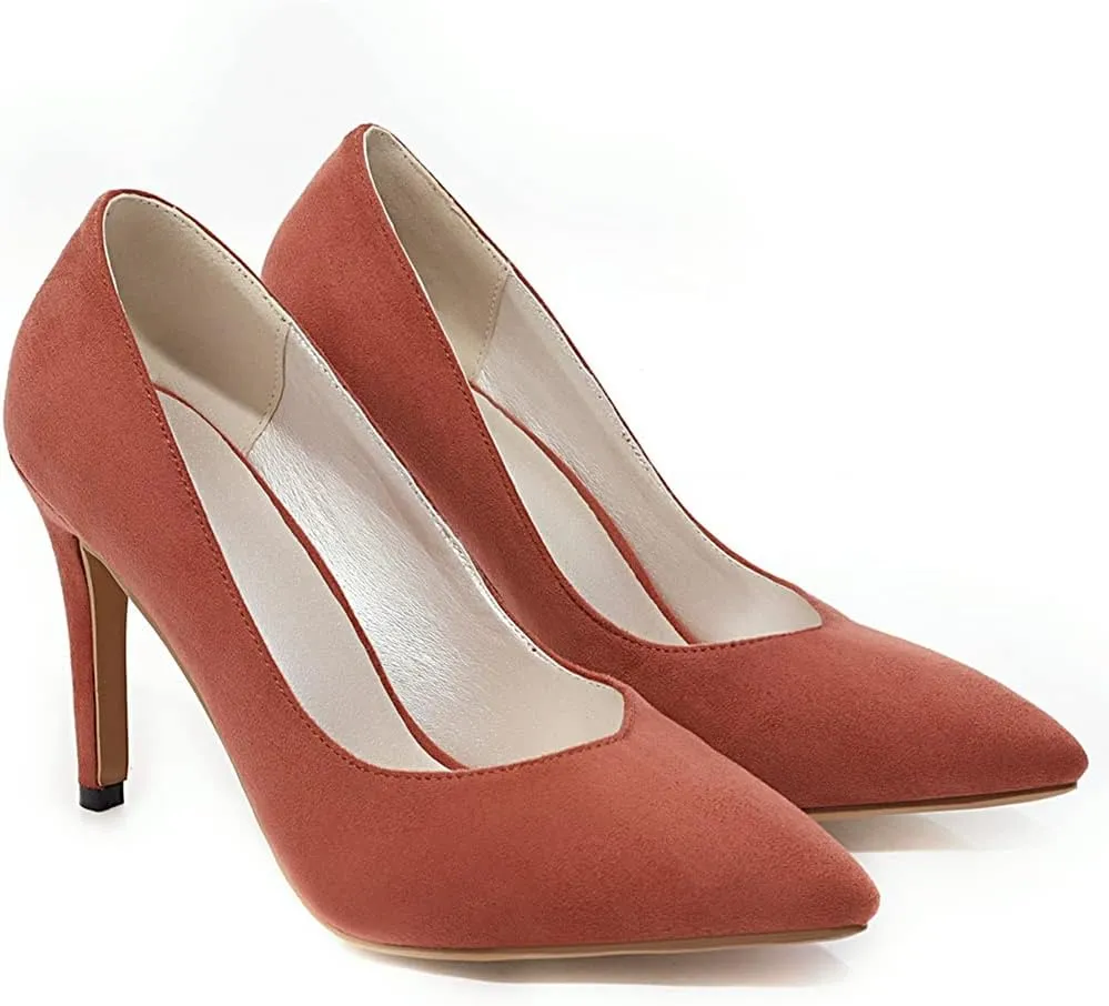 MIOKE Women's Pointed Toe Kitten Mid Heel Pumps Suede Slip On Comfort Stilettos Work Office Dress Shoes
