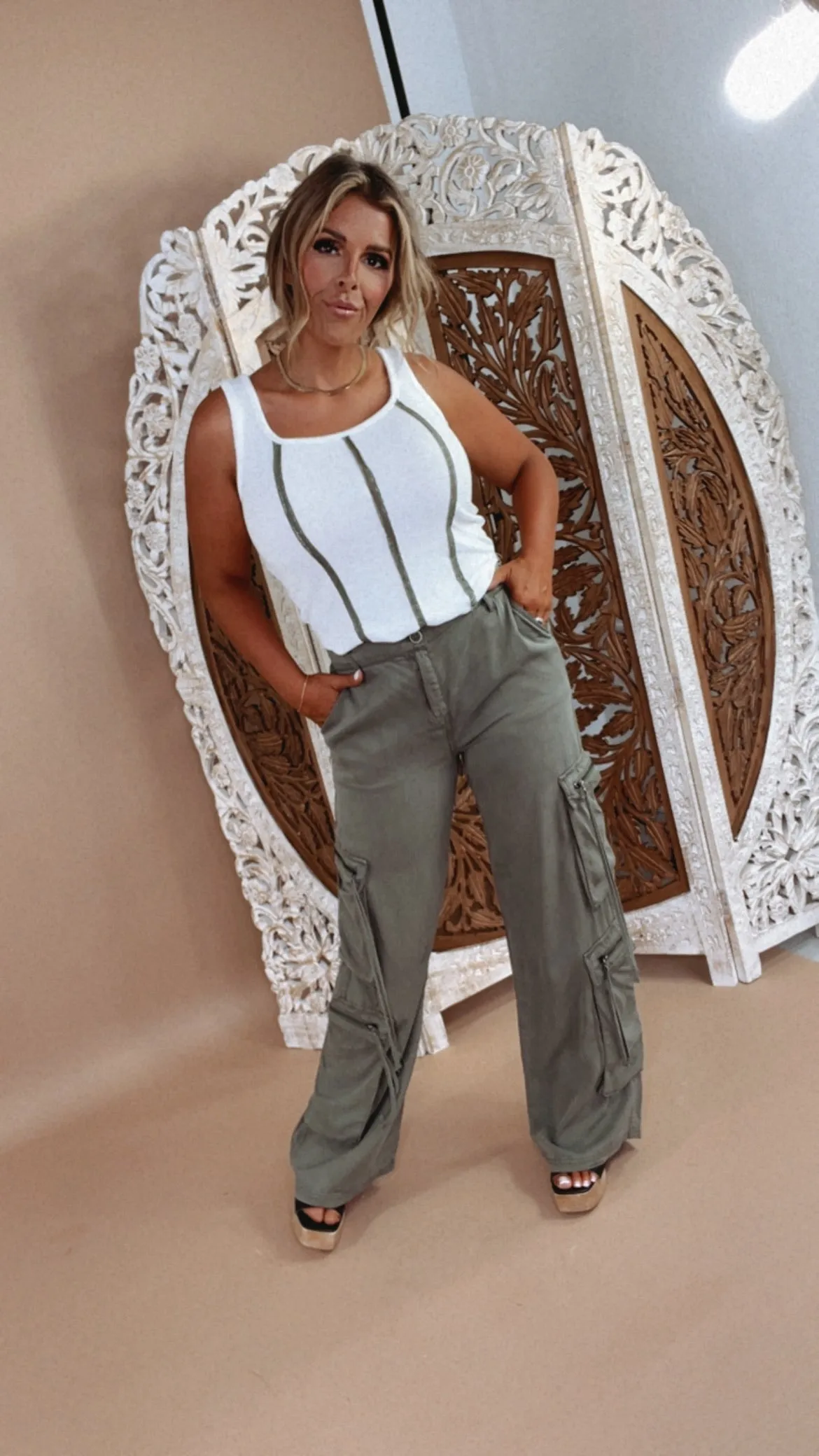 Olive High Rise Cargo Pants, Risen