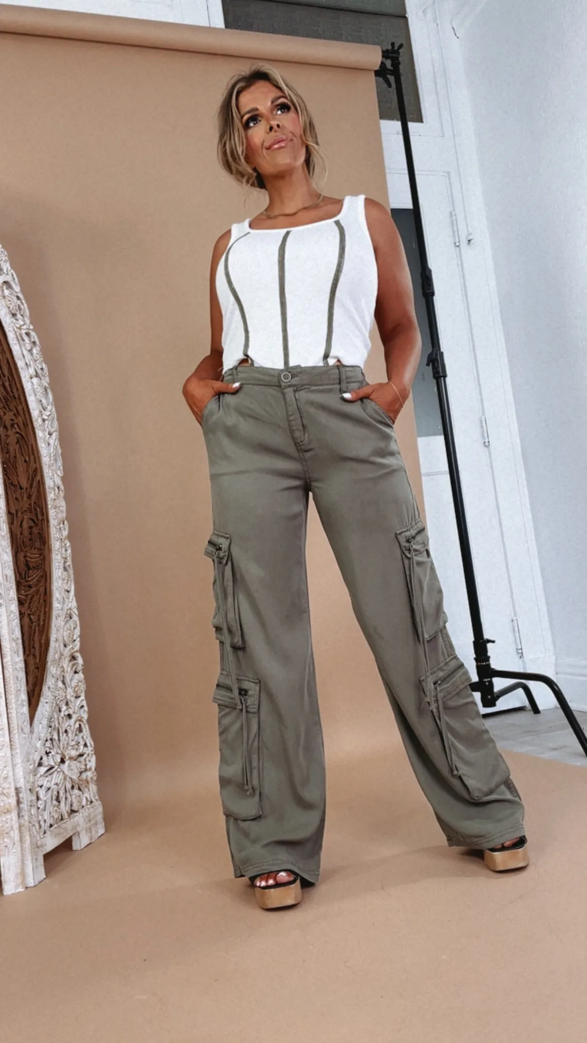 Olive High Rise Cargo Pants, Risen