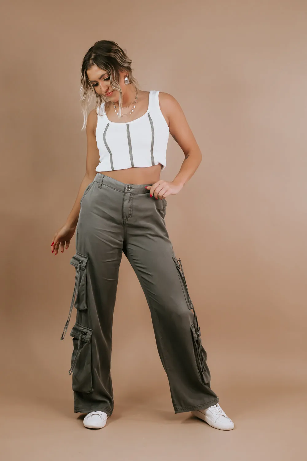 Olive High Rise Cargo Pants, Risen
