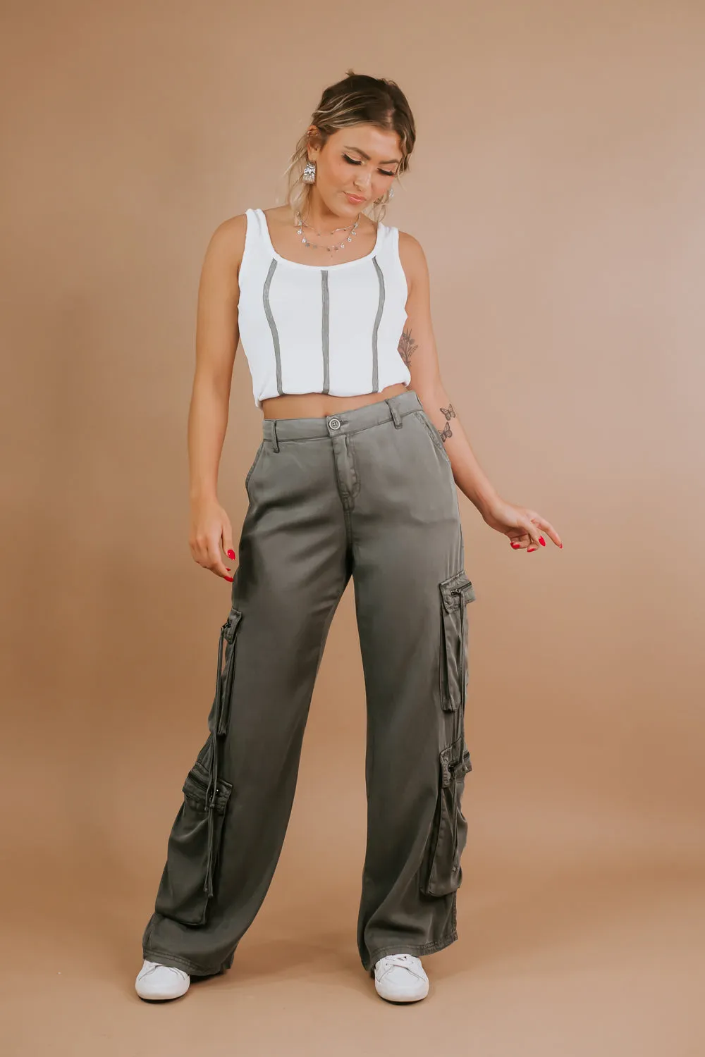 Olive High Rise Cargo Pants, Risen