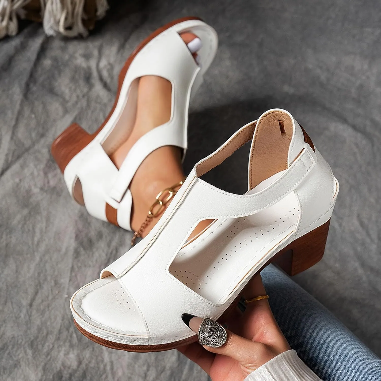 Platform Wedge Sandals for Women 2025 Dressy Summer Chunky Heel Ankle Strap Wedges Casual Hollow Out Open Toe Block Heels Comfortable Sandal Work Sandals for Women Office Breathable Dress Shoes