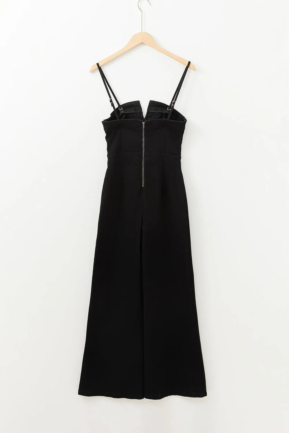 Sail Blue Seamed Zipper Spaghetti Strap High Waist Flared Jumpsuit