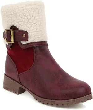 VOKLIN Women's Round Toe Buckle Cuff Dress Ankle Boots Flat Low Heels Zipper Warm Fur Dressy Short Booties