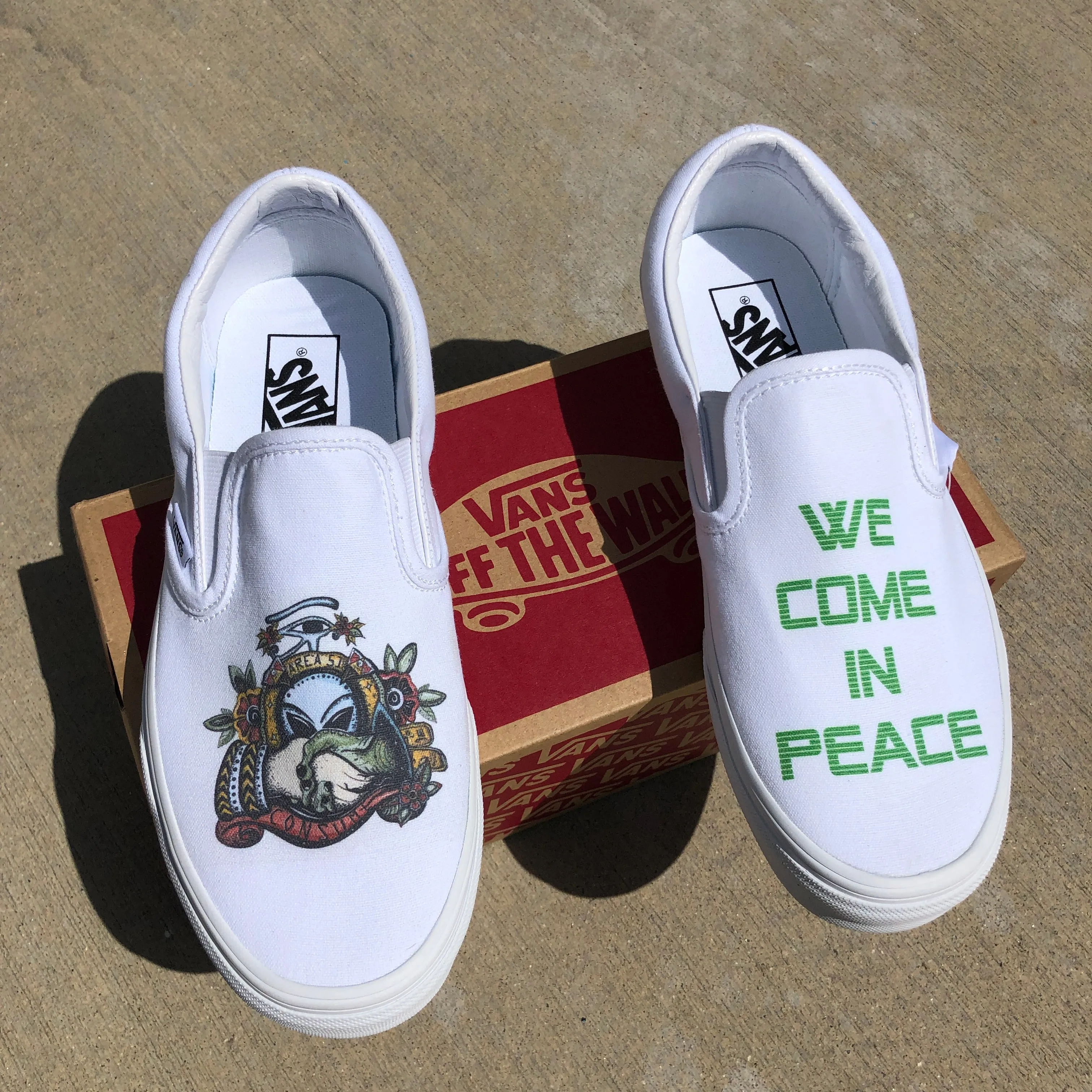 We Come in Peace White Slip-On Vans