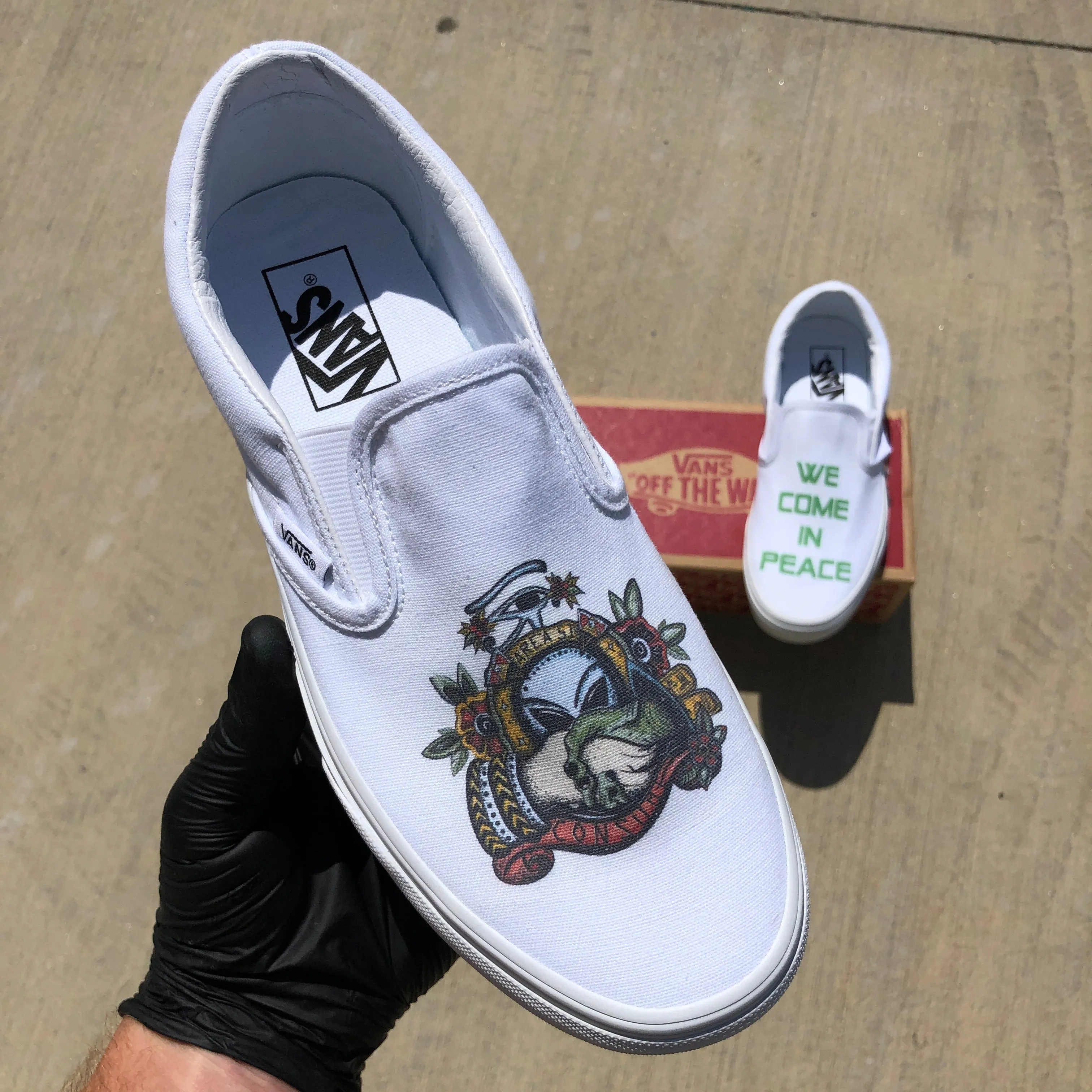 We Come in Peace White Slip-On Vans
