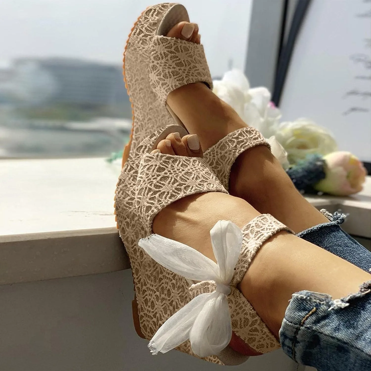 Wedge Sandal for Women Ankle Strap Flatform Arch Support Fish Mouth Toe Shoes Platform Espadrilles Waterproof Non-Slip