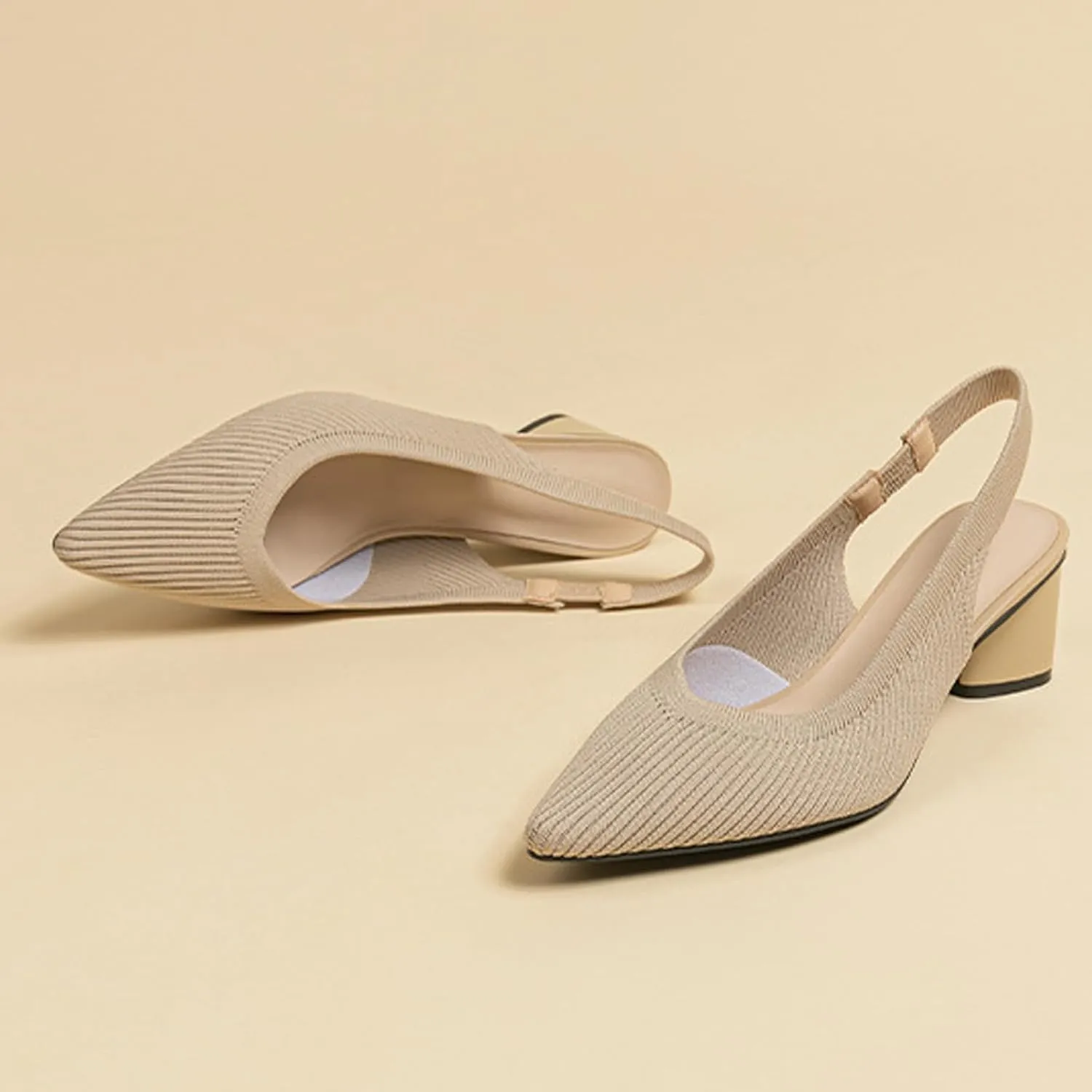Women's Knitted Pointed Toe Slingback Heels Pumps,Comfortable Elastic Band Chunky Heel Sandals Low Heel Slip On Casual Work Office Dress Shoes